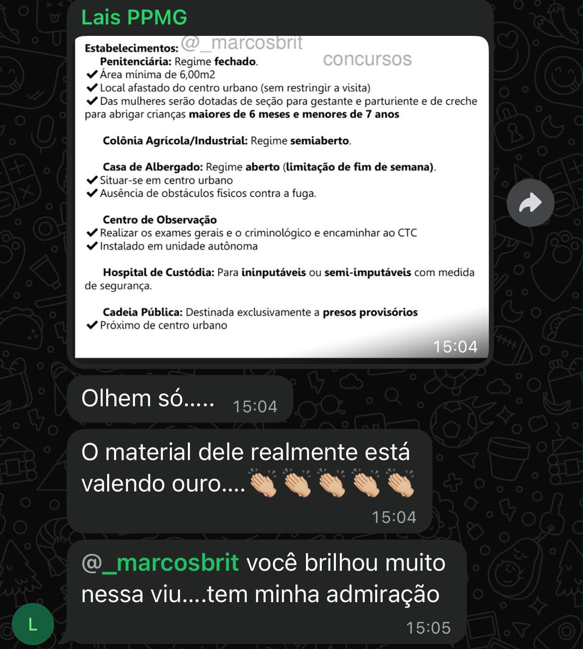 Print de resumo de Execução Penal (LEP), com elogios de outros alunos no grupo