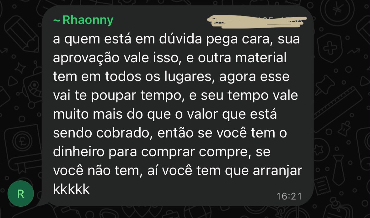Depoimento de aluno no grupo do Telegram recomendando o material, que poupa tempo de estudo